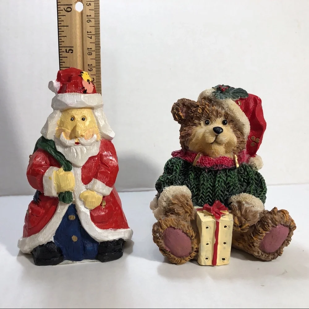 Christmas Santa and Bear in Hat with Present Tabletop Figurines
